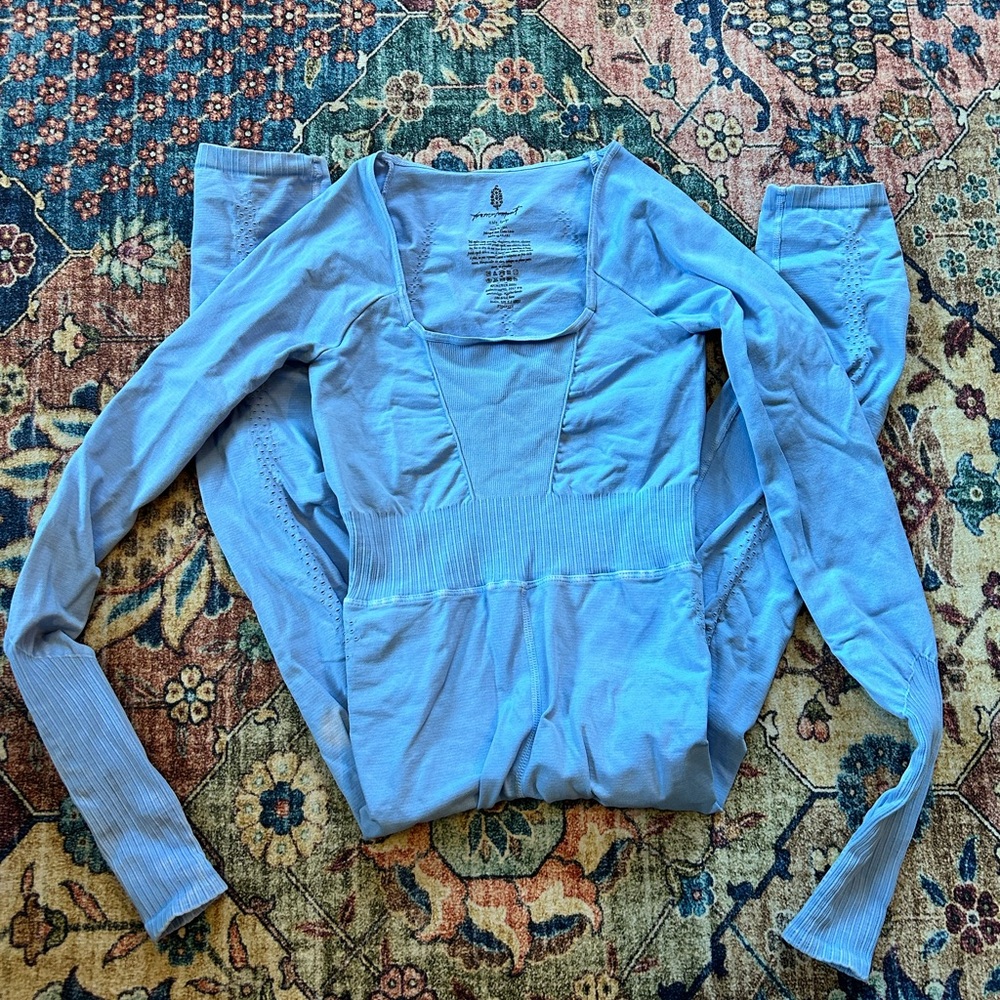 Free People Blue V-Neck Ruched Long Sleeve Bodysuit